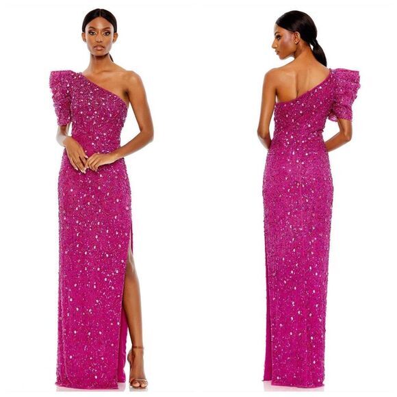 NWT Mac Duggal 10912 Asymmetric Puff Sleeve Bead Embellished Maxi Dress Size 8 - Picture 1 of 11